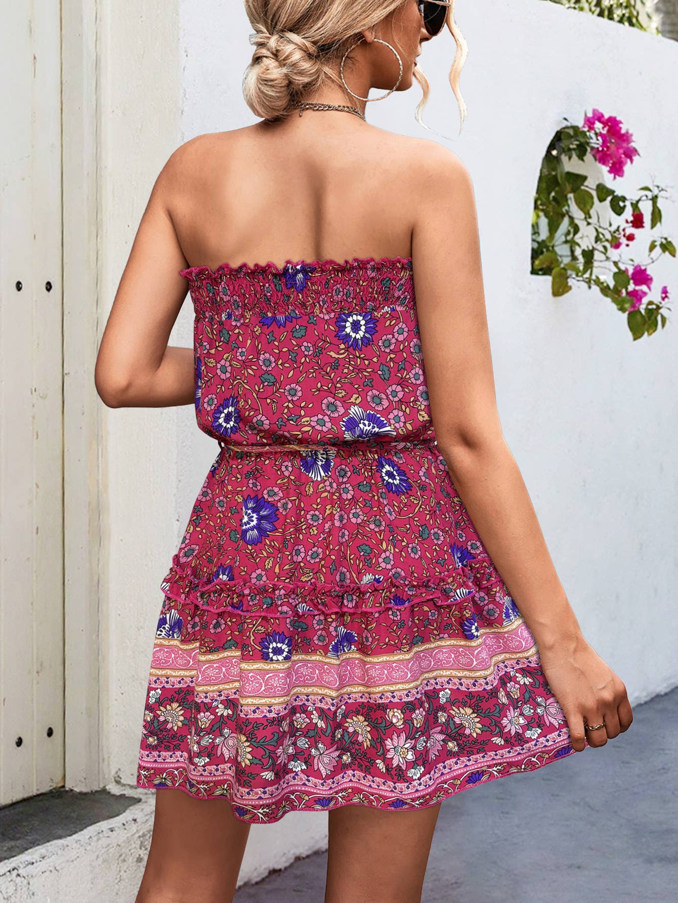 Bohemian print strapless cinched waist dress