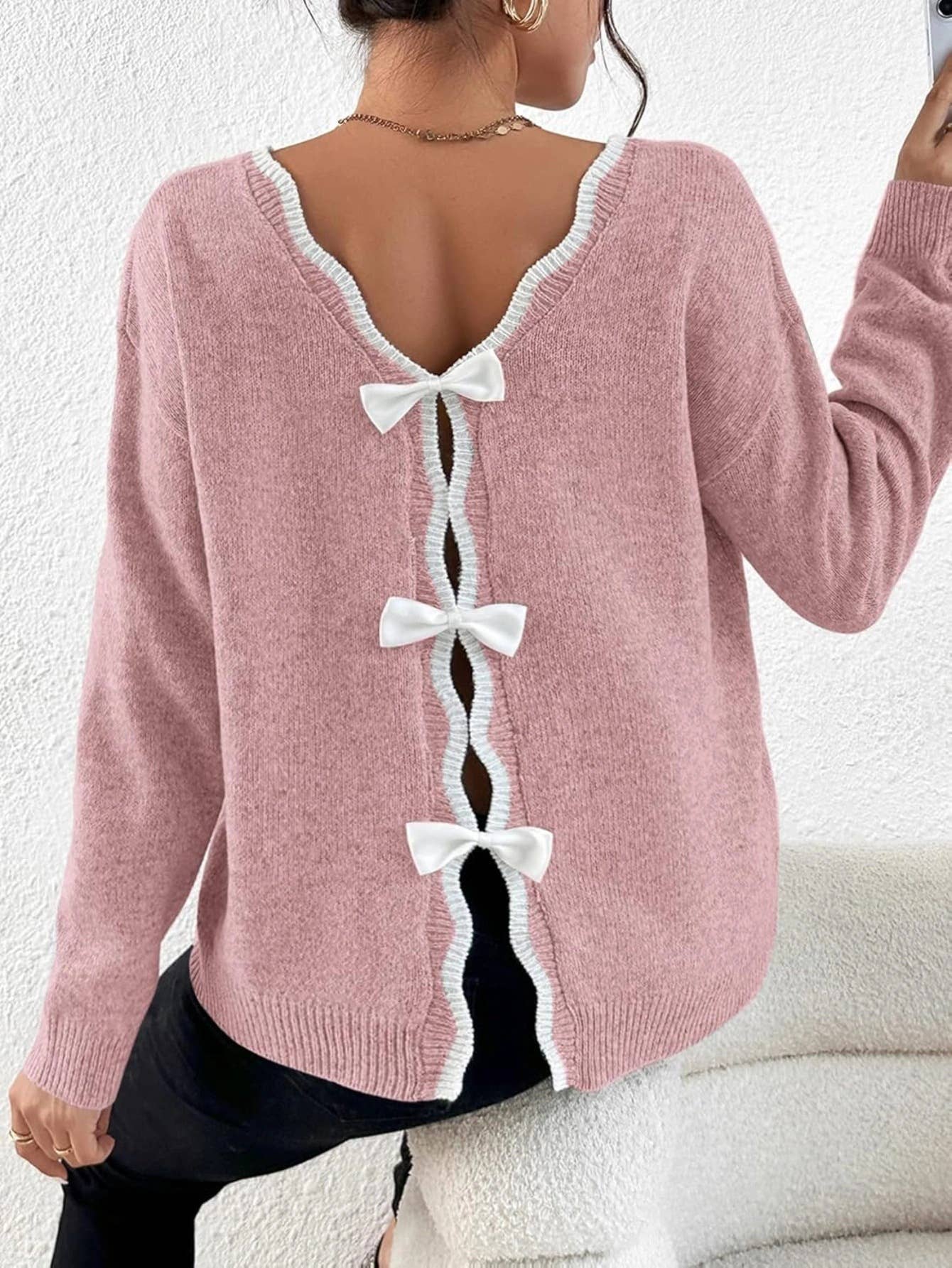 Bowknot lace-up back sexy back knitted a sweater