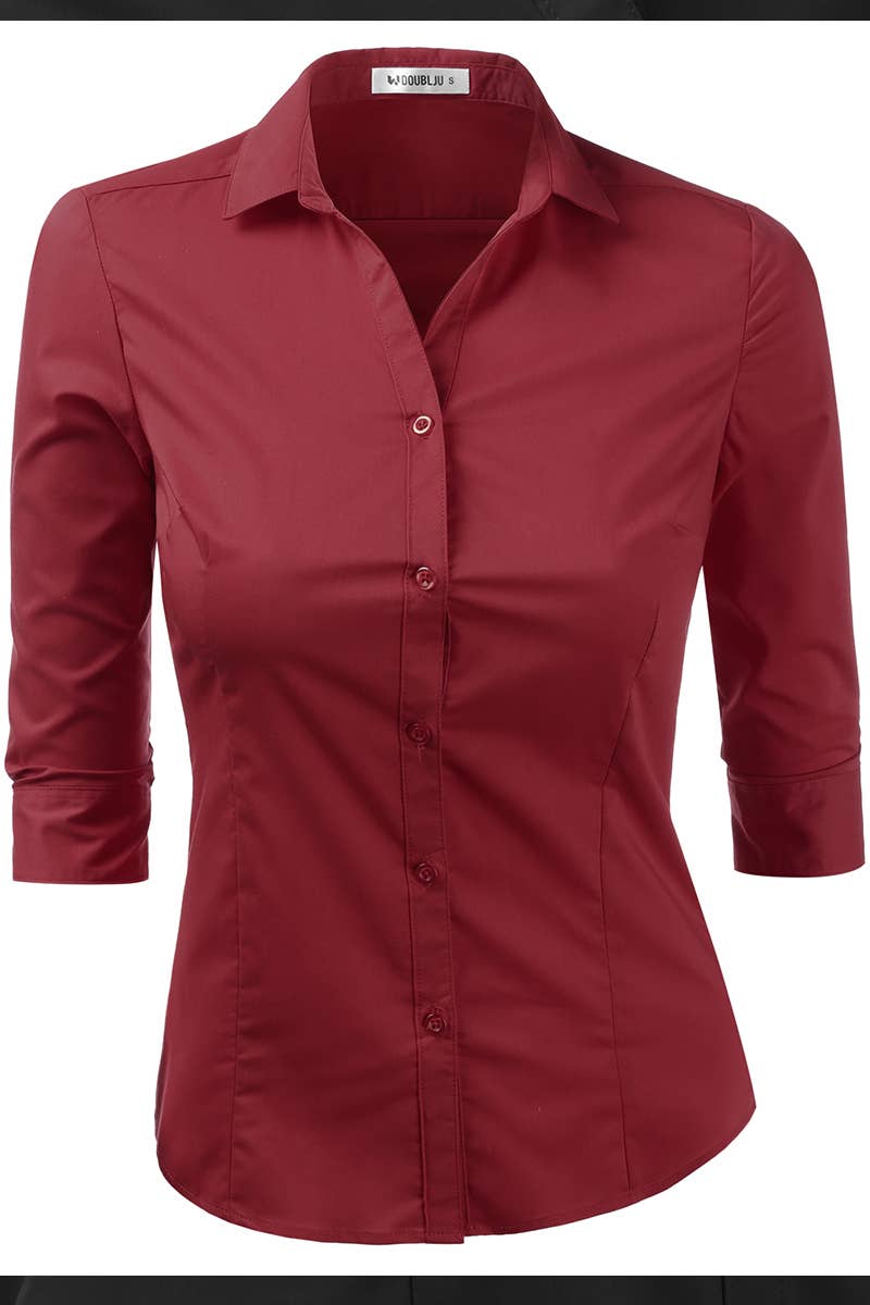 CWTSTL709_3/4 Sleeve Button Down Collar Shirt Blouse