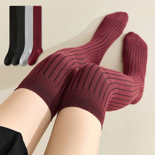 CWMS02751_WINE RED STRIPED OVER KNEE SOCKS WOMEN SLIM