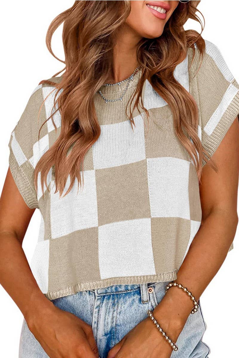 CWTTS1362_SUMMER NAVEL CHECKERBOARD SHORT SLEEVE KNIT TOP