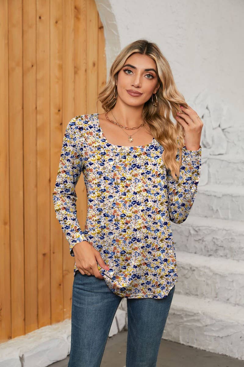 CWTBLL1043_SQUARE NECK PRINTED LONG SLEEVE CASUAL TOP