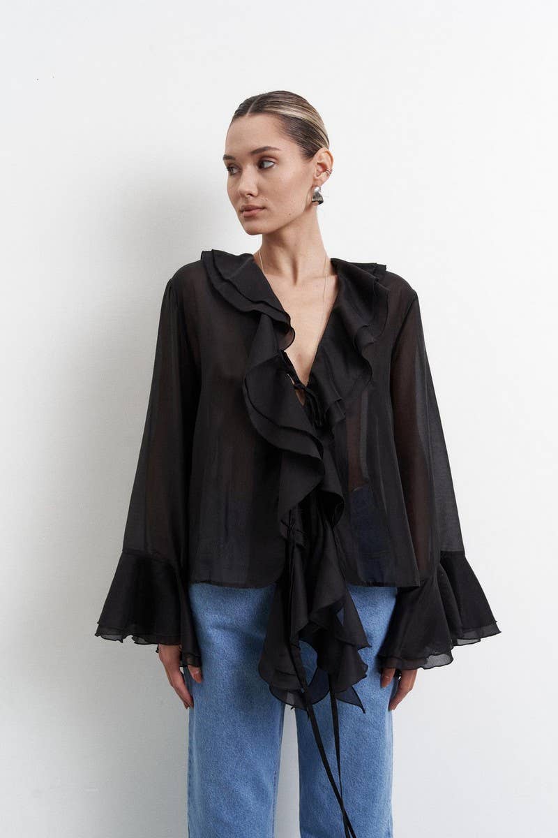 CWTBLL555_SOLID COLOR V-NECK RUFFLED LACE-UP SHIRT