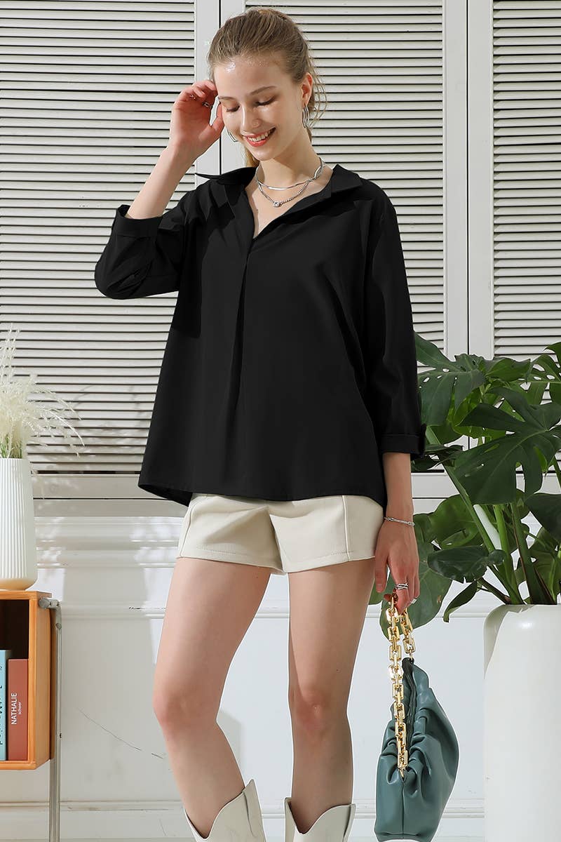 CWTSTS121_V-Neck Long Sleeve Collared Shirts