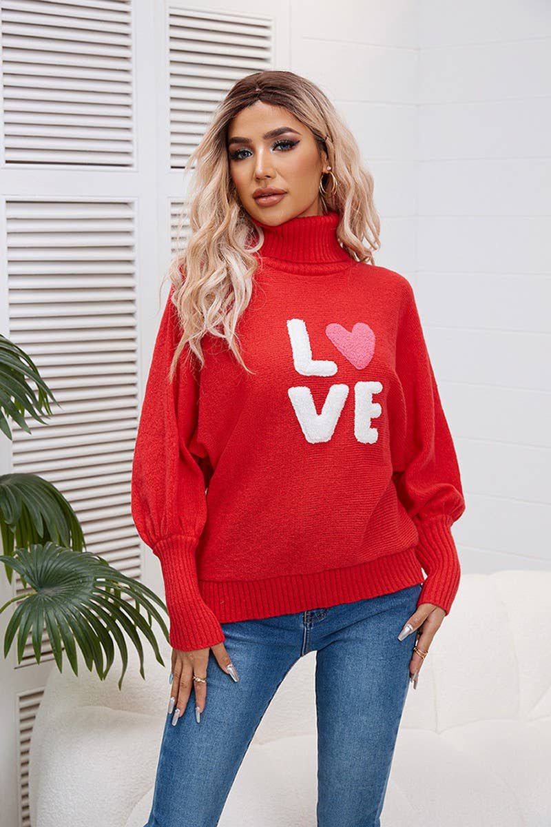 CWOSWL2442_LOVE HIGH COLLAR BAT SLEEVE PULLOVER KNIT TOP