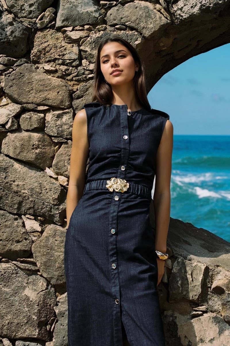 CWDMD6374_LACE-UP FAUX DENIM SINGLE-BREASTED DRESS