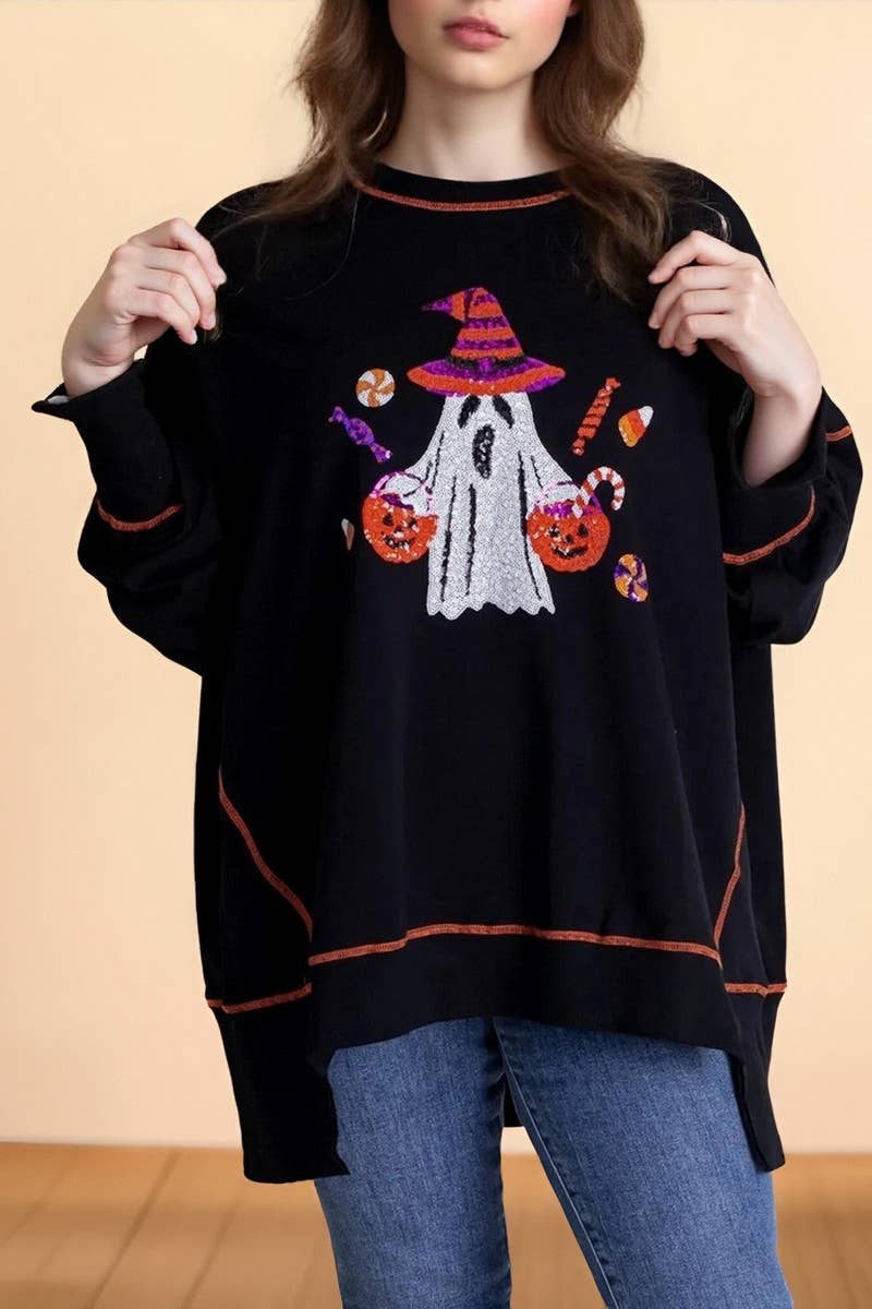 CWTBLL01276_HALLOWEEN GHOST SEQUIN EMBROIDERED SWEATSHIRT
