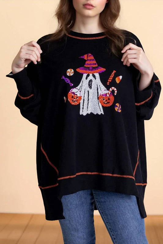 CWTBLL01276_HALLOWEEN GHOST SEQUIN EMBROIDERED SWEATSHIRT