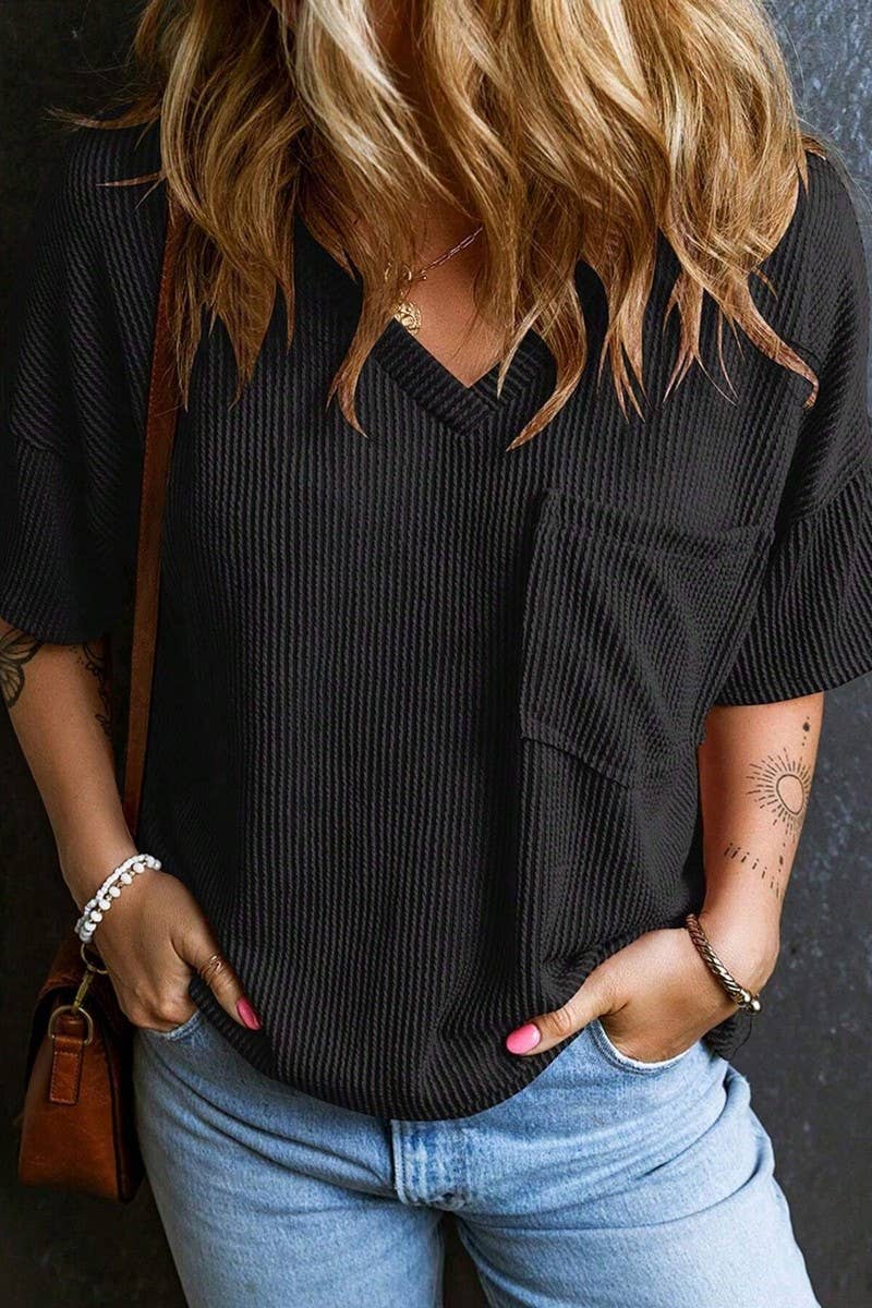 CWTTS1382_SUMMER FASHION POCKET SHORT SLEEVE V NECK TOP