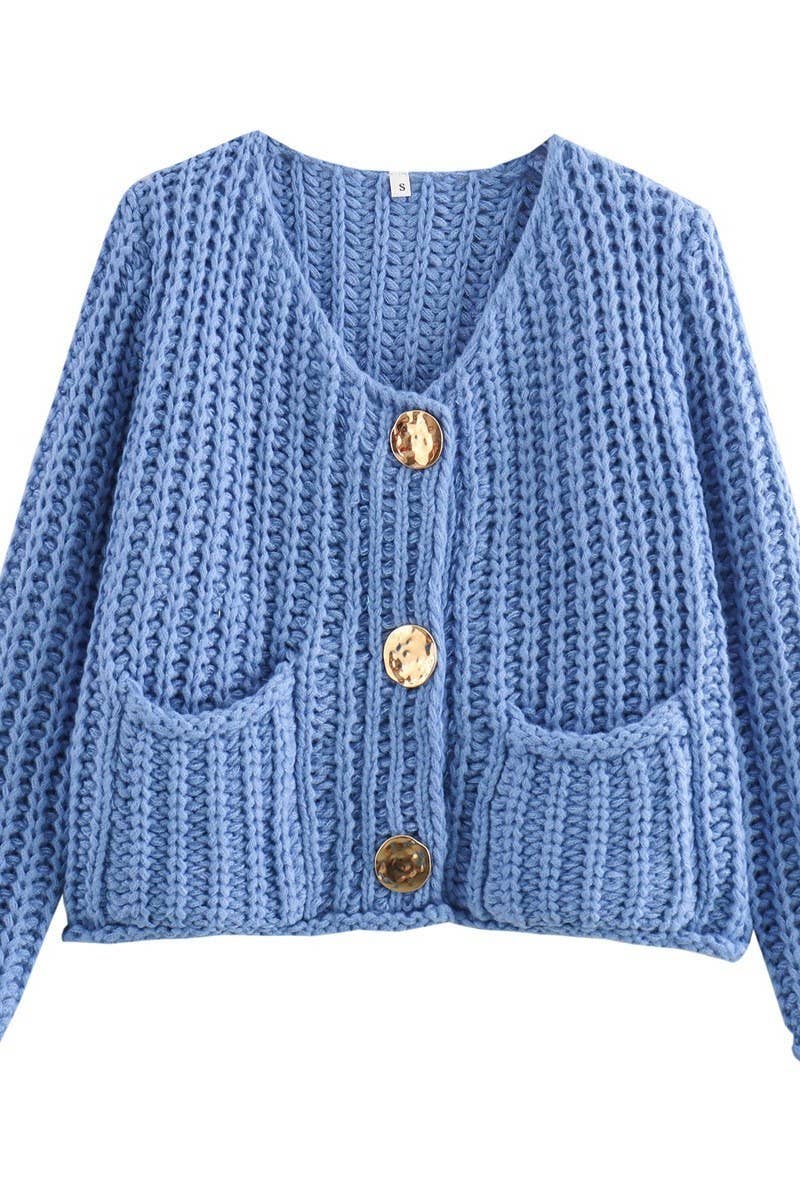 CWOCAL2046_SOLID COLOR METAL BUTTON CHUNKY KNIT CARDIGAN