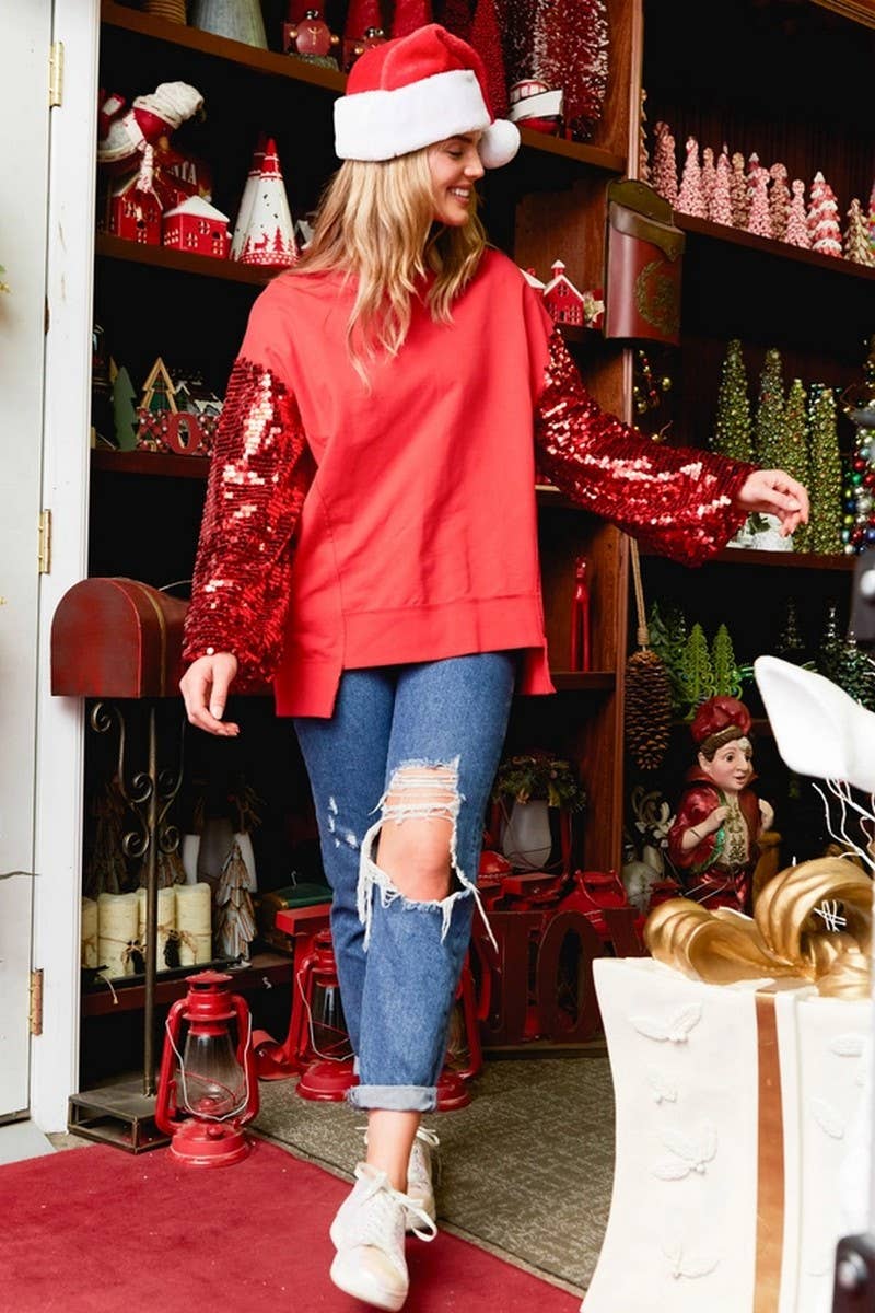 CWTBLL01265_CHRISTMAS SEQUIN SLEEVE PATCH SWEATSHIRT