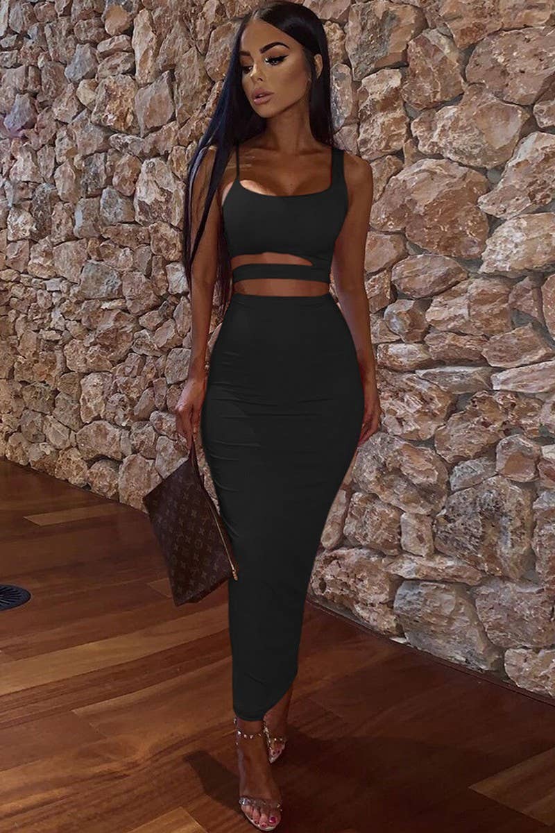 CWSTB00414_SEXY RUCHED CUTOUT TWO PIECE DRESS