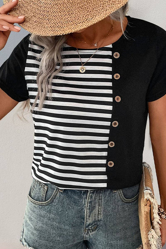 CWTTL1707_STRIPED PATCHWORK SHORT-SLEEVED T-SHIRT