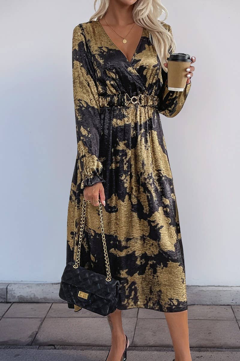 CWDMD3874_V-NECK LONG-SLEEVED A-LINE GOLD-STAMPED DRESS