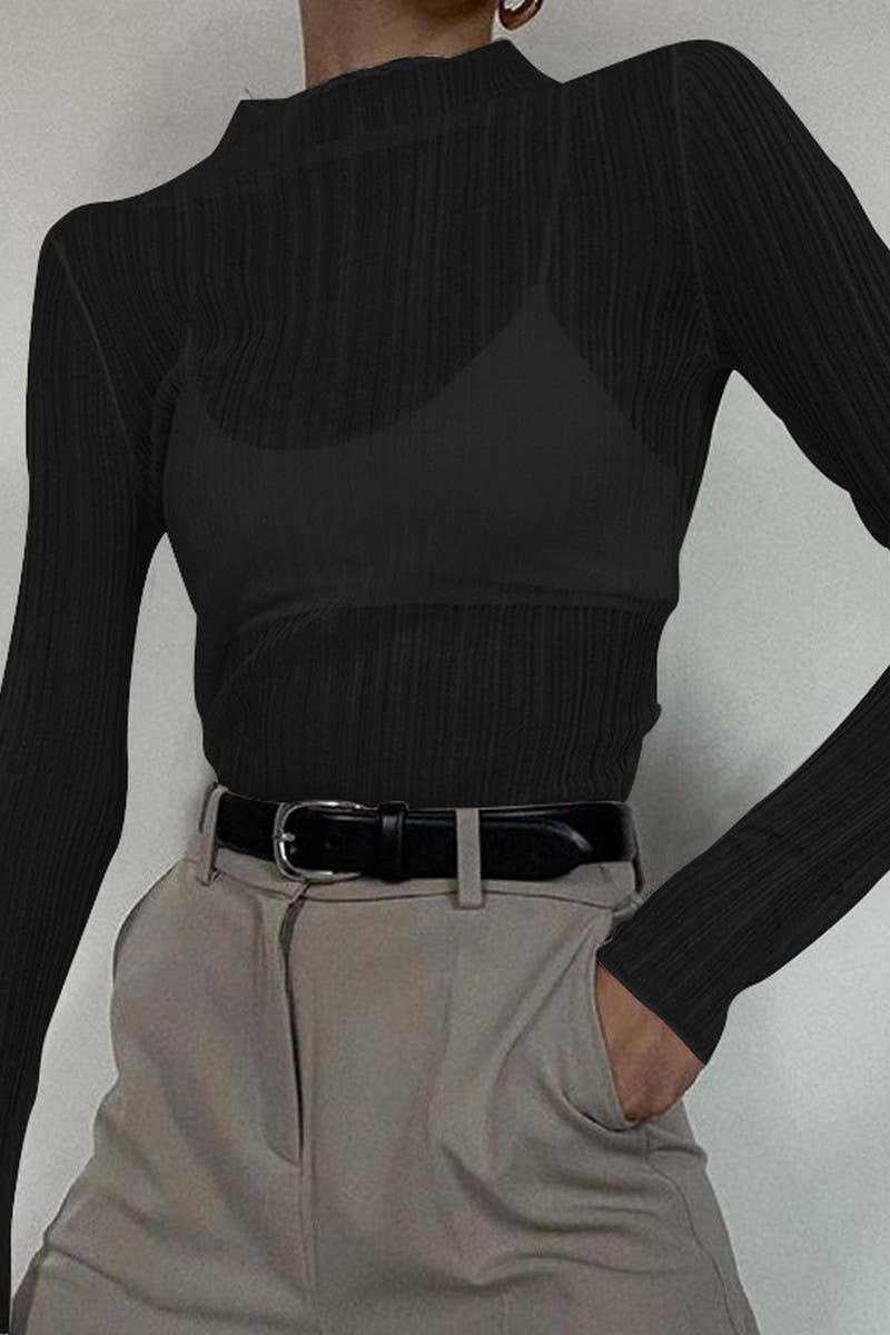 CWTBLL3435_SOLID COLOR LONG SLEEVE MESH SEE-THROUGH TOP