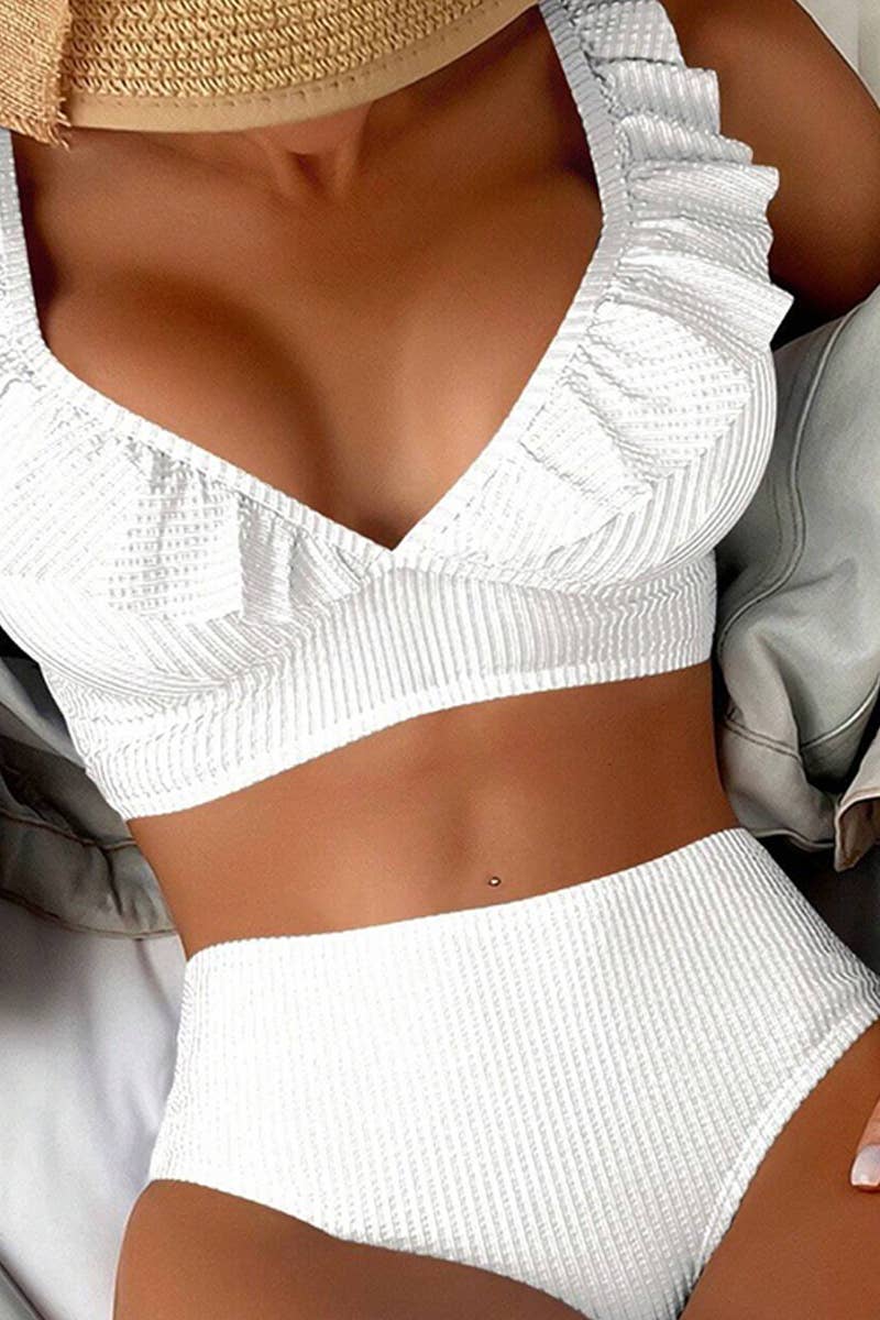CWMW0794_STRIPED HIGH WAISTED V-NECK RUFFLED SWIMSUIT