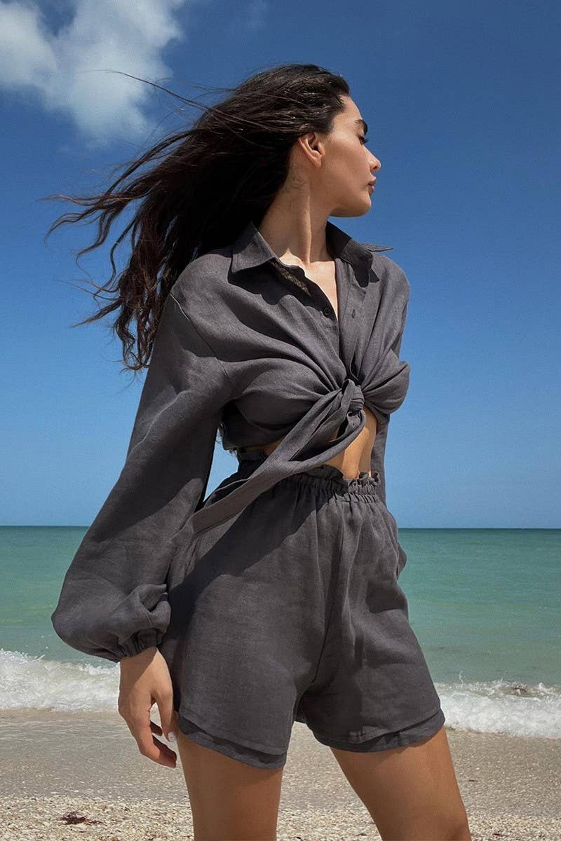 CWSTB1811_COTTON PUFF SLEEVE TOP & PLEATED SHORTS SET