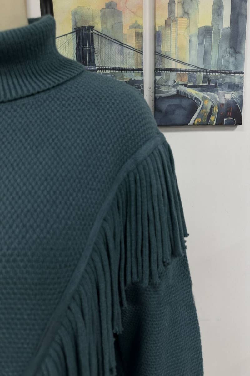 CWOSWL604 Turtle neck Fringe Tassel Pullover Sweater