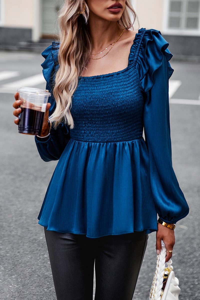 CWTBLL0397_Squre Neck Puff Sleeve Smocking Detailed Blouse