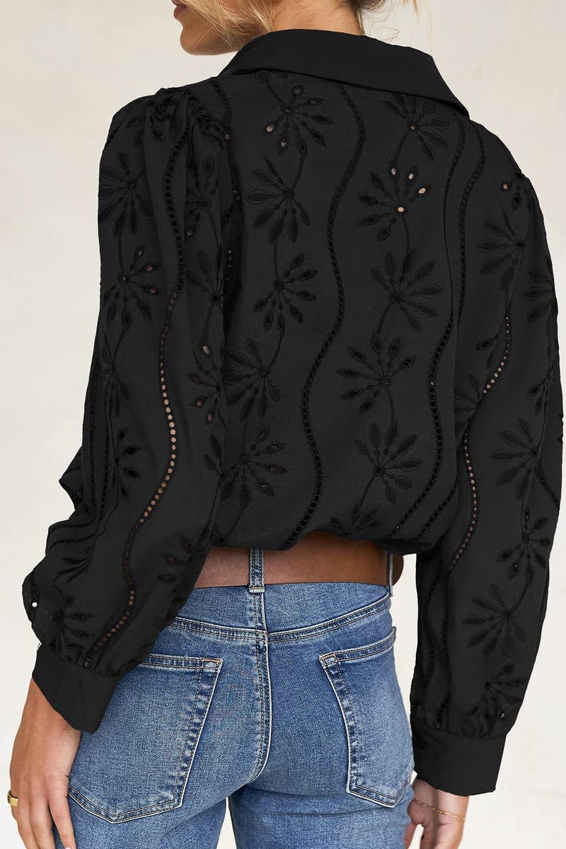 CWTSTL01000_CASUAL LOOSE HOLLOW OUT PUFF SLEEVE  TOP