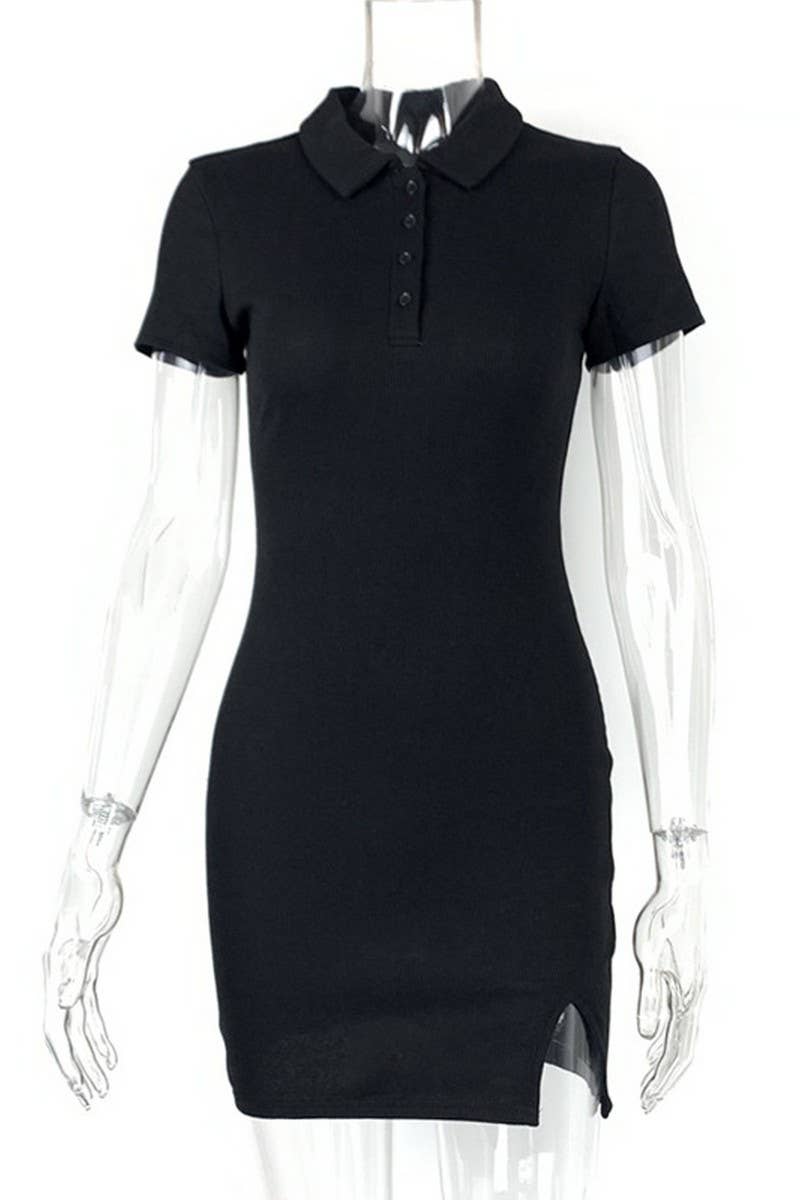 CWDSD7460_LAPEL HIP-HUGGING SHORT SLEEVE KNITTED DRESS