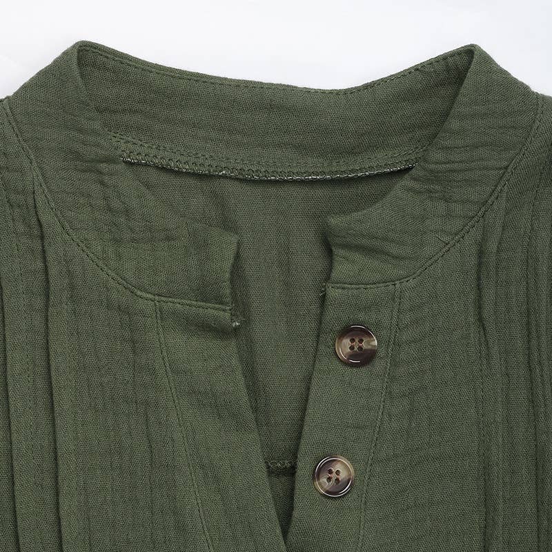 BUTTON-DOWN V-NECK SOLID COLOR PULLOVER SHIRT