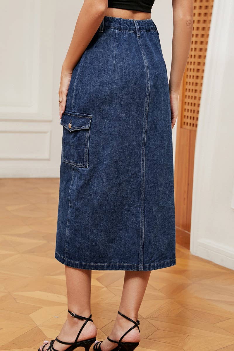 CWJSK00227_TRENDY HALF ELASTIC WAIST DENIM CARGO SKIRT