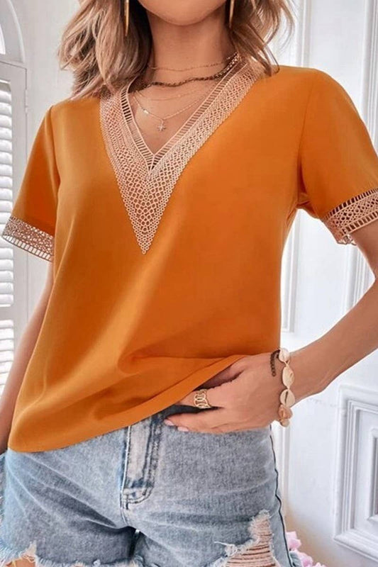 CWTBLS0826_V-NECK LACE CASUAL SOLID COLOR SHIRT