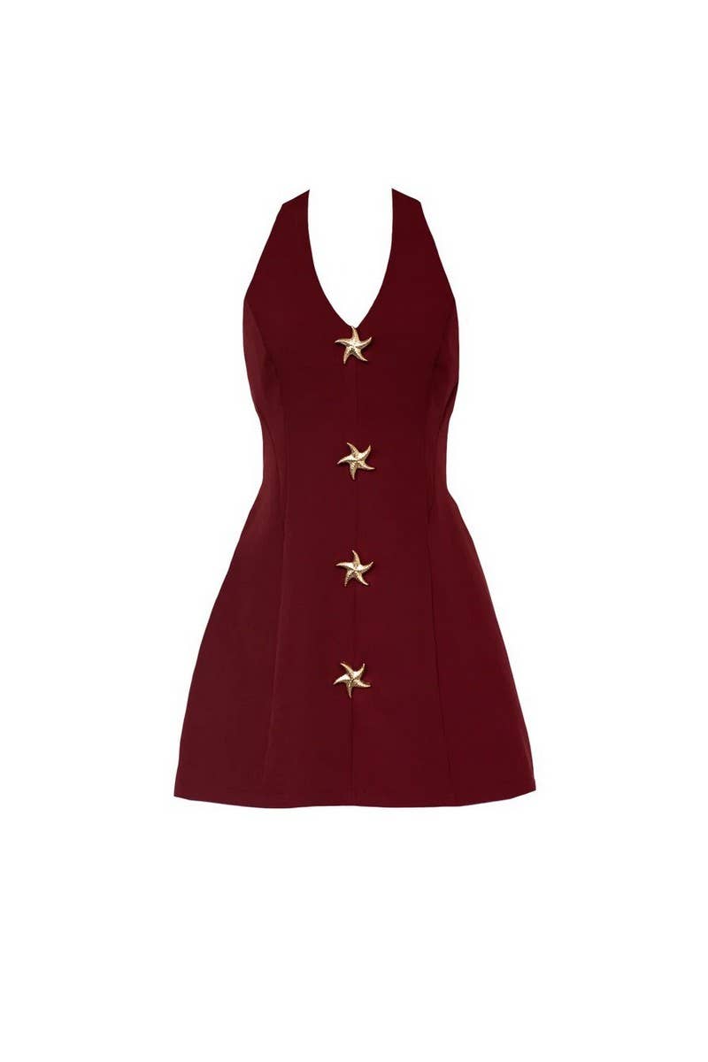 CWDHL1094_STARFISH APPLIQUE HALTER NECK SLEEVELESS  DRESS