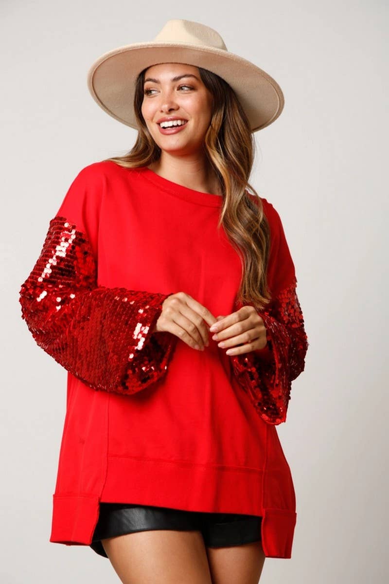 CWTBLL01265_CHRISTMAS SEQUIN SLEEVE PATCH SWEATSHIRT