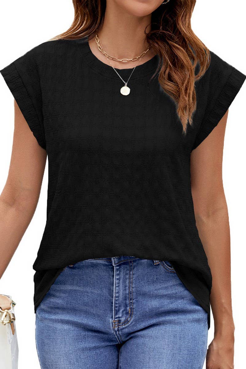 CWTBLS0862_SOLID COLOR ROUND NECK JACQUARD SHORT SLEEVE VEST