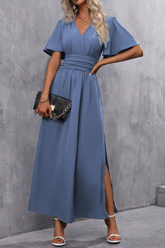 CWDMD4017_DEEP V WAIST LONG DRESS WITH SLITS ON BOTH SIDES