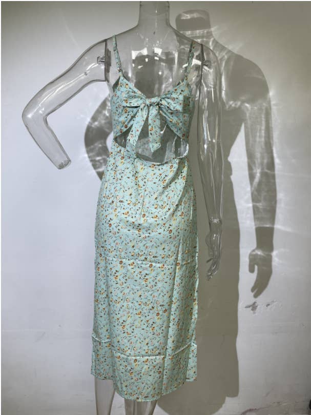 Deep V-neck backless lace printed slit dress