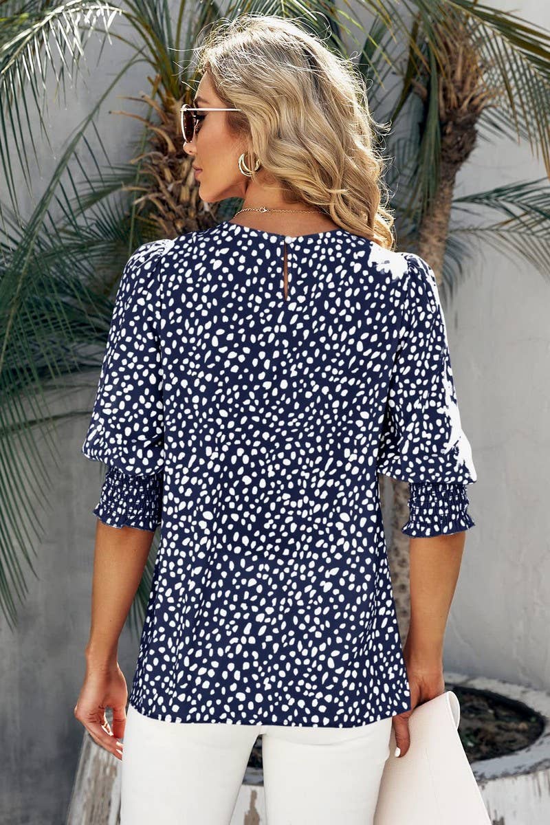 CWTBLS1600_ROUND NECK PRINTED SHORT-SLEEVED CHIFFON SHIRT