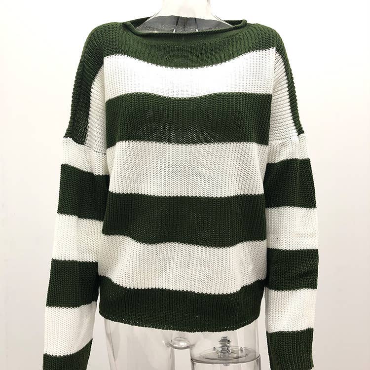 CREW-NECK STRIPED SWEATER WITH ROLLED EDGE - Casual Style