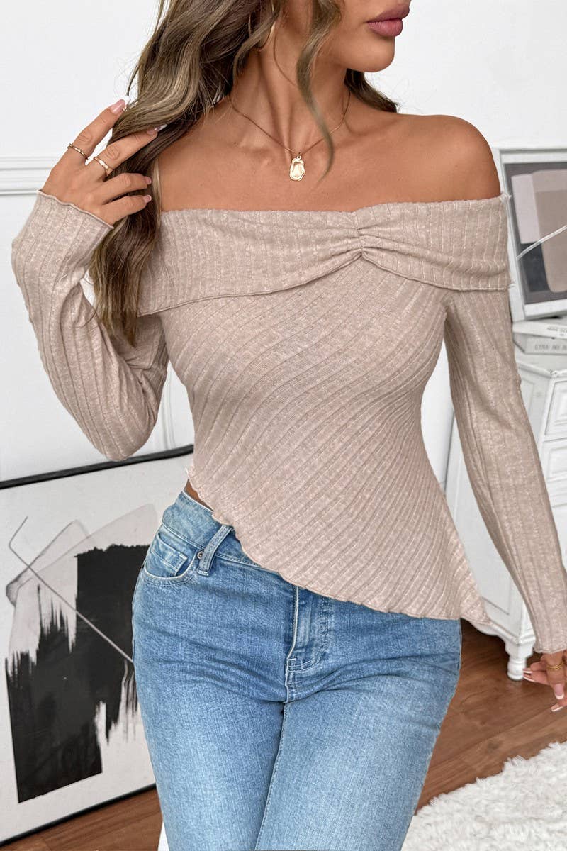 CWTBLL00753_SOLID COLOR LONG-SLEEVED IRREGULAR NECKLINE TOP