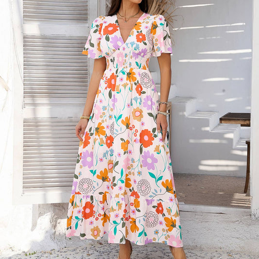 Bohemian Floral V-Neck High-Waist Dress