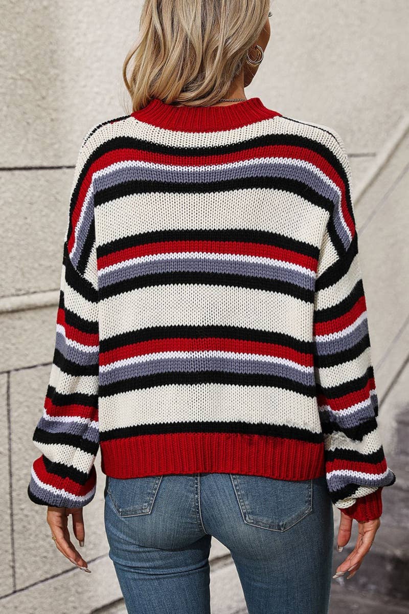 CWOSWL6487_FALL LONG-SLEEVED PATCHWORK STRIPED SWEATER