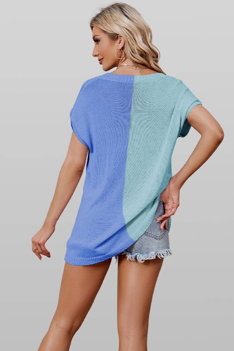 CWTBLSL0298_V-NECK COLOR CONTRAST SHORT-SLEEVED TOP