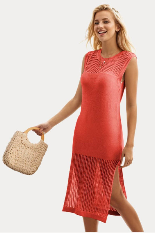 CWDSD3916_KNITTED HOLLOWED-OUT SEE-THROUGH SLEEVELESS DRESS