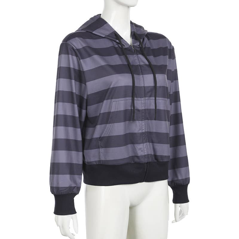 BASIC ZIPPER STRIPED COLOR CONTRAST CASUAL HOODIE