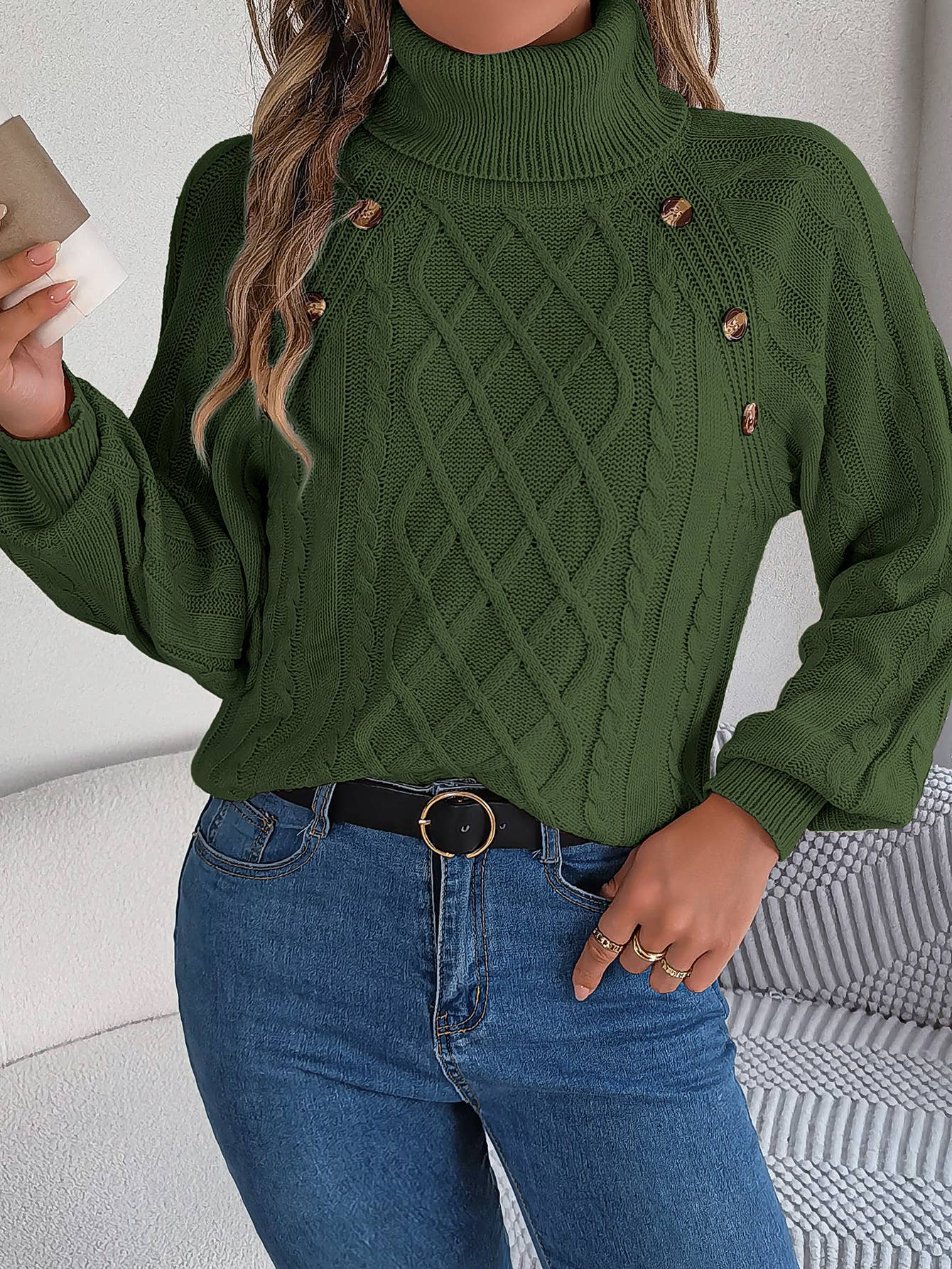 CASUAL TWIST TURTLENECK LANTERN SLEEVE SWEATER