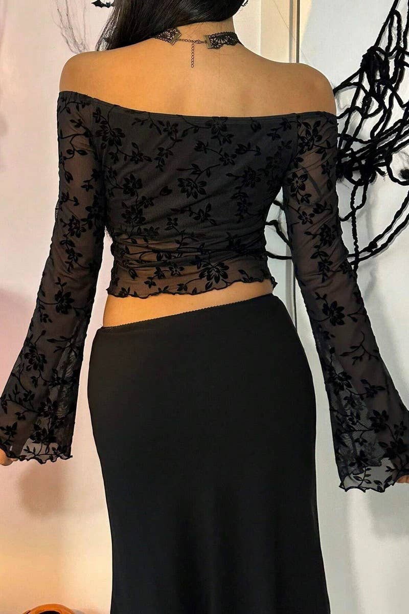 CWTBLL3529_FLORAL MESH OFF-THE-SHOULDER BELL SLEEVE TOP