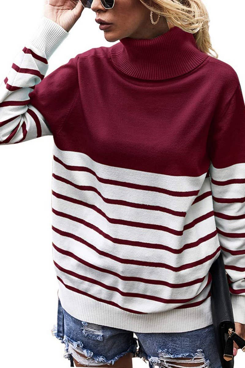 CWOSWL3464_TURTLENECK STRIPED COLORBLOCK KNIT SWEATER