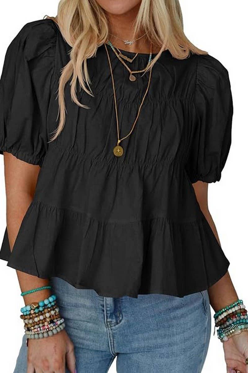 CWTBLS02490_2025 SUMMER PUFF SLEEVE LOOSE A-LINE BLOUSE
