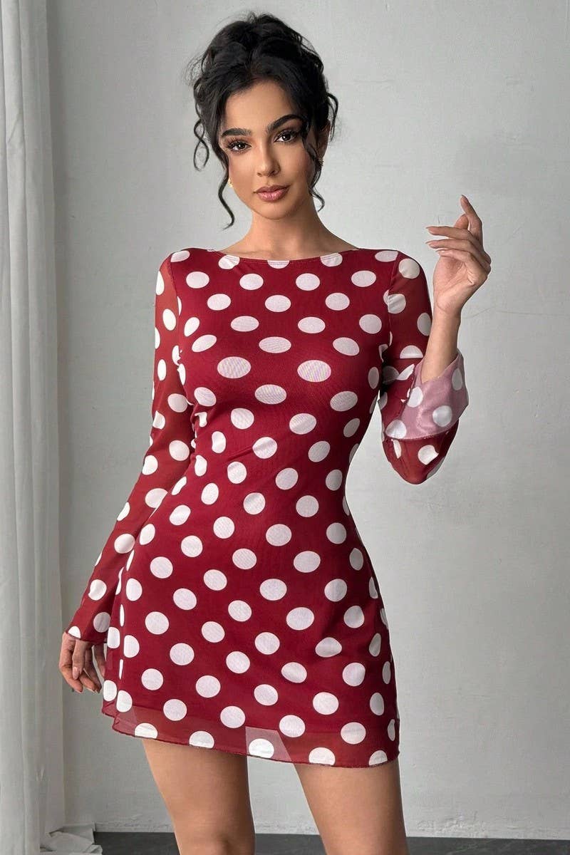 CWDSD8265_POLKA DOT OPEN BACK MESH BELL SLEEVE MINI DRESS
