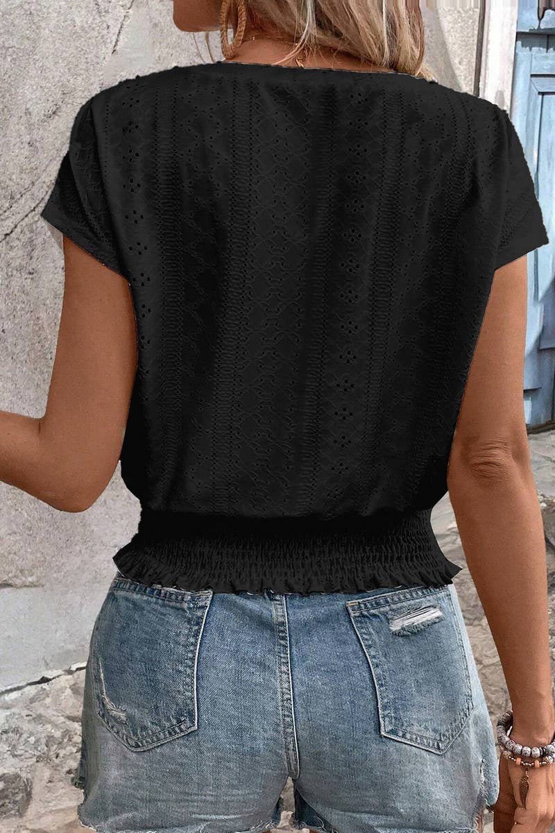 CWTBLS1793_ROUND NECK JACQUARD HOLLOW SHORT SLEEVE TOP