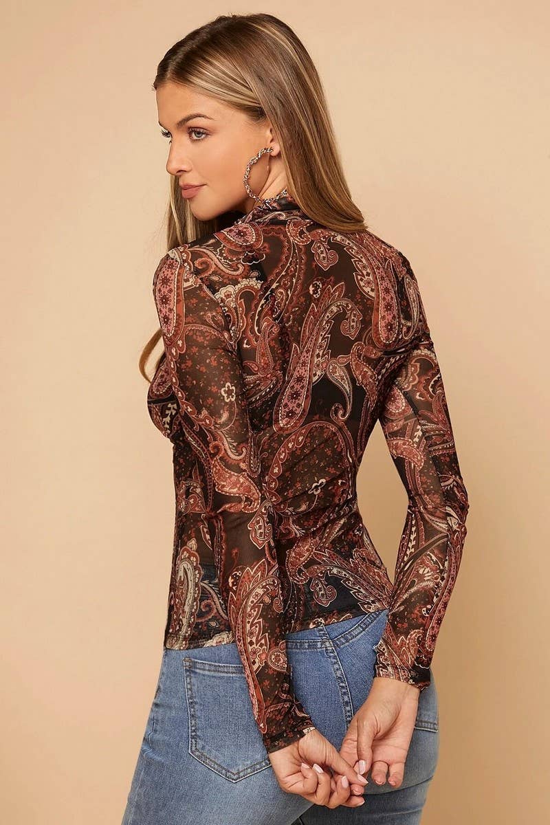 CWTBLL3917_PRINTED STAND COLLAR MESH LONG SLEEVE TEE