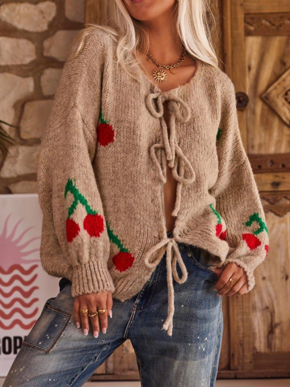 Cherry embroidery jacquard lace-up cardigan