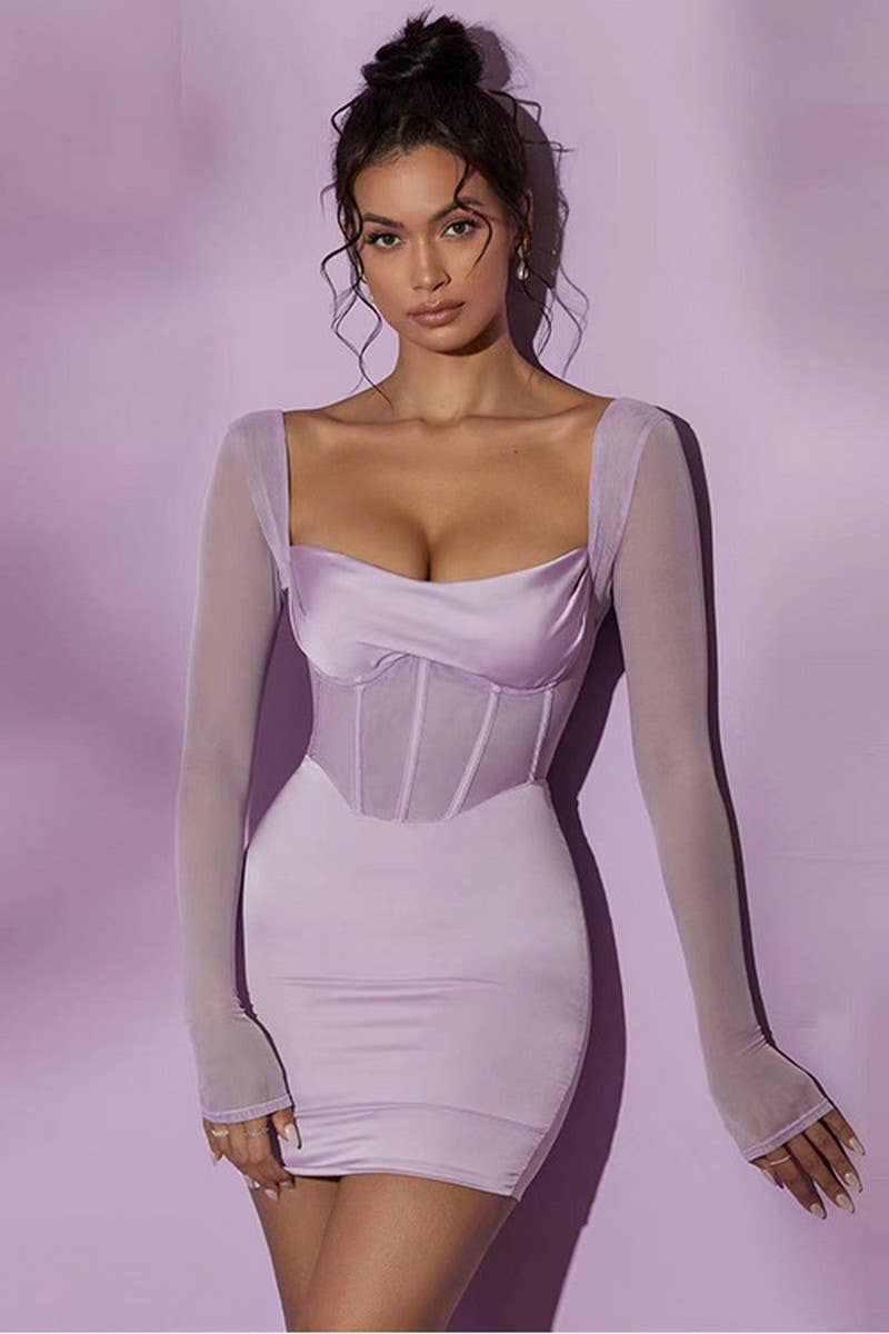 CWDSD10683_SQUARE NECK MESH CORSET BODYCON DRESS